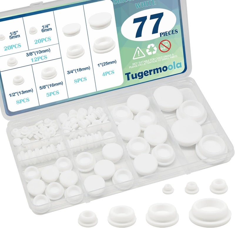 Tugermoola 77PCS 7 Sizes Silicone Plug Rubber Plugs for Holes Assorted Sizes 1/5" 1/4" 3/8" 1/2" 5/8" 3/4" 1" Hole Plug White - Image 1